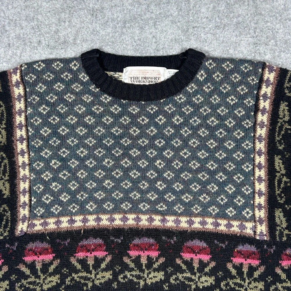 Vintage The Import Workshop Sweater Mens Small Black Floral Fair Isle Knit 90s - Picture 8 of 12